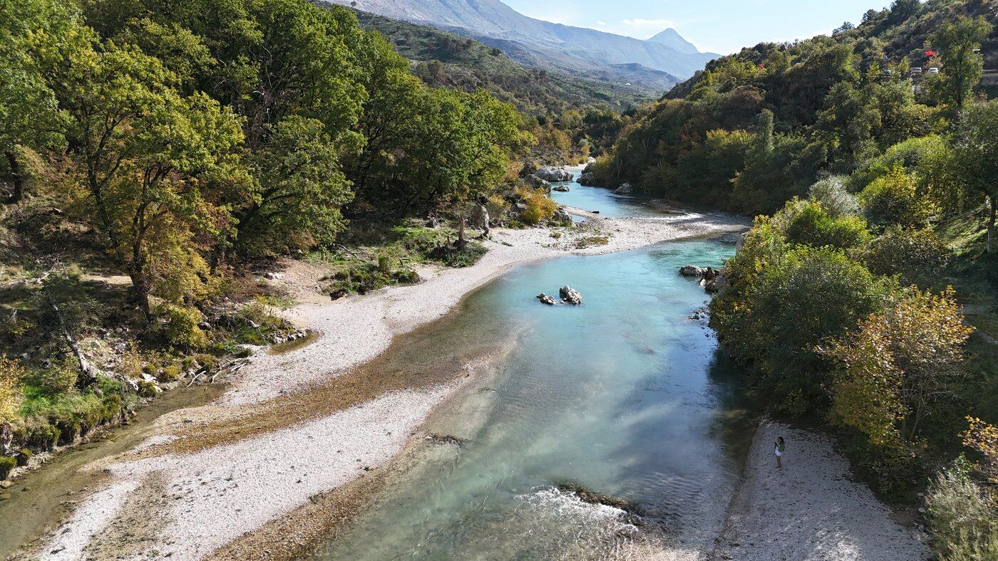 A turquoise river winding through a pebbled valley, Cold Water Springs, Albania