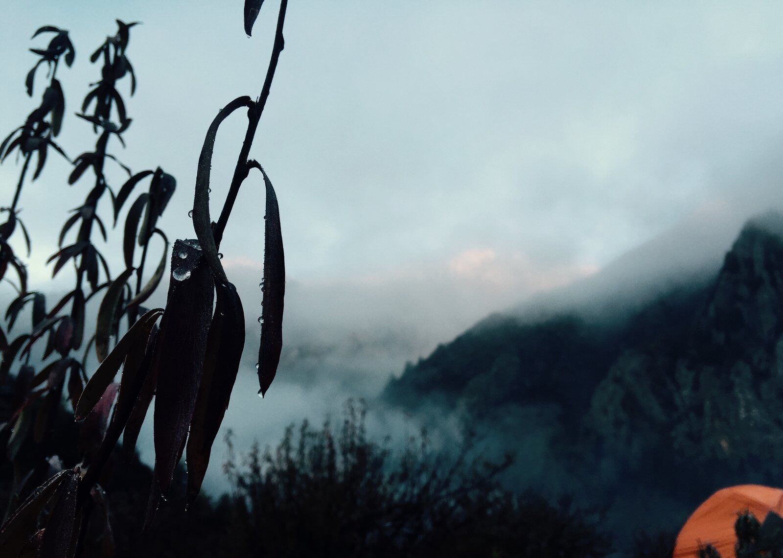 Misty mountain landscape at dawn with a small orange tent