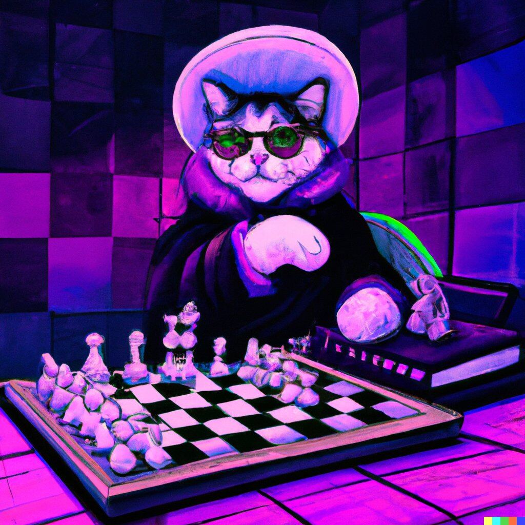 Digital artwork of a hooded cat in sunglasses playing chess