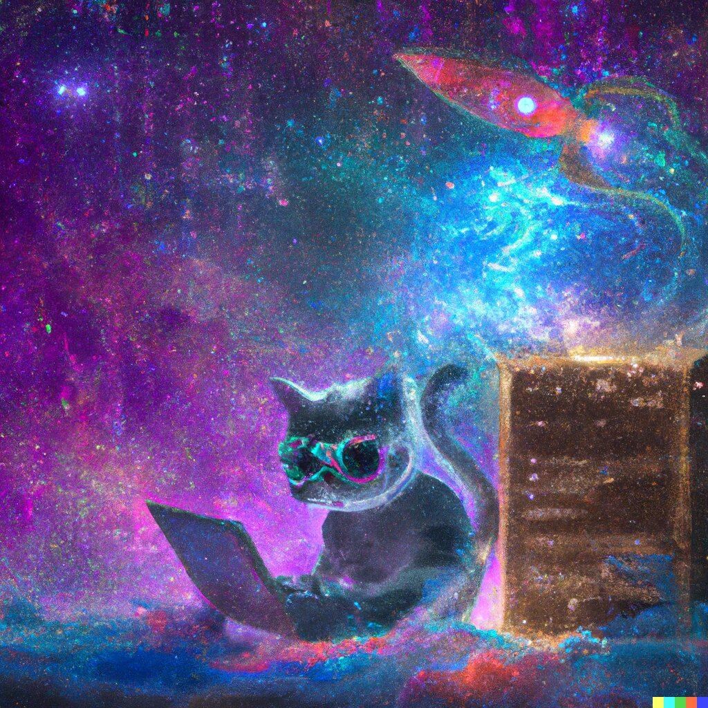 Digital artwork of a goggled cat coding at a laptop in a cosmic nebula