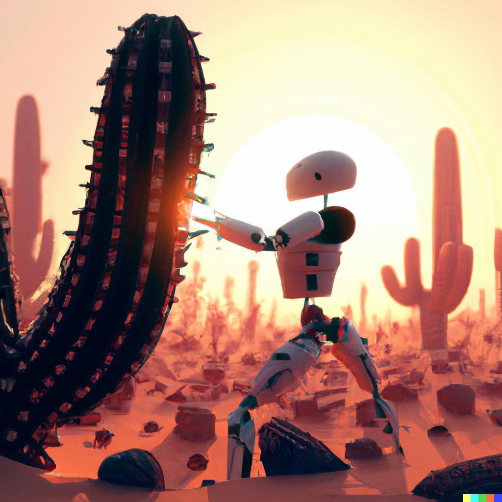 Digital artwork of a white robot reaching toward a cactus in the desert