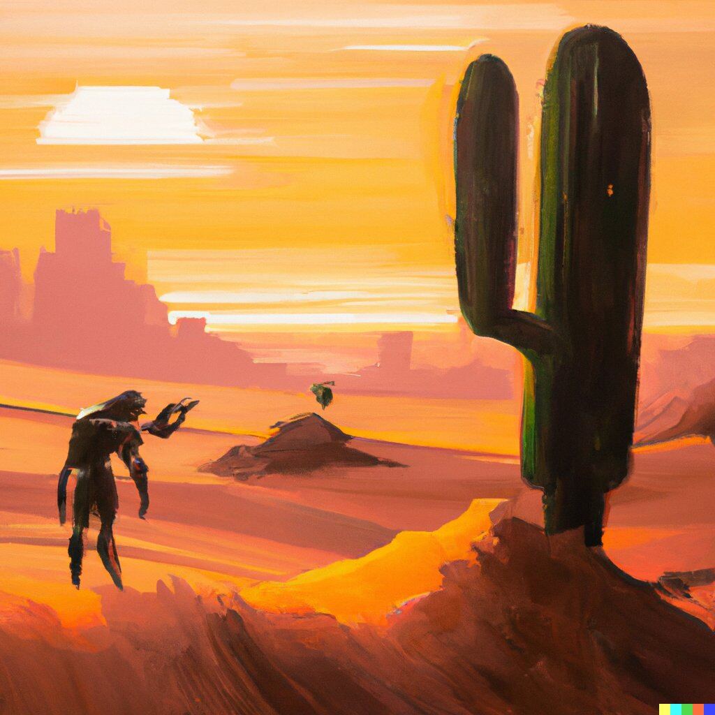 Oil-paint style image of a figure facing a robot in a cactus desert at sunset