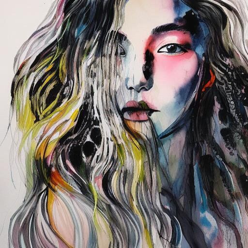 Watercolour and ink portrait of a woman with flowing colourful hair